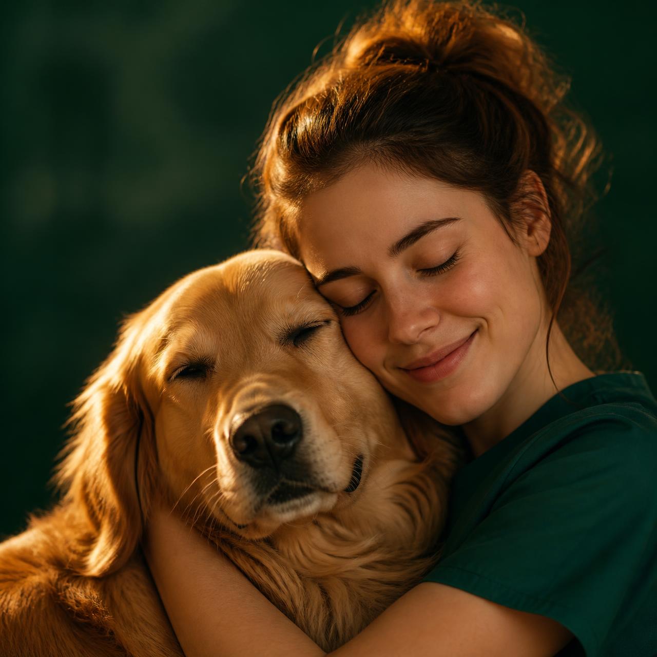 Tutora abraçando golden retriever